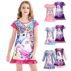 Jurebecia 2pcs Girls Unicorn Nightgown Pajama Dresses for Girls Rainbow Sleepwear Nightie Cartoon Night Dress Kids