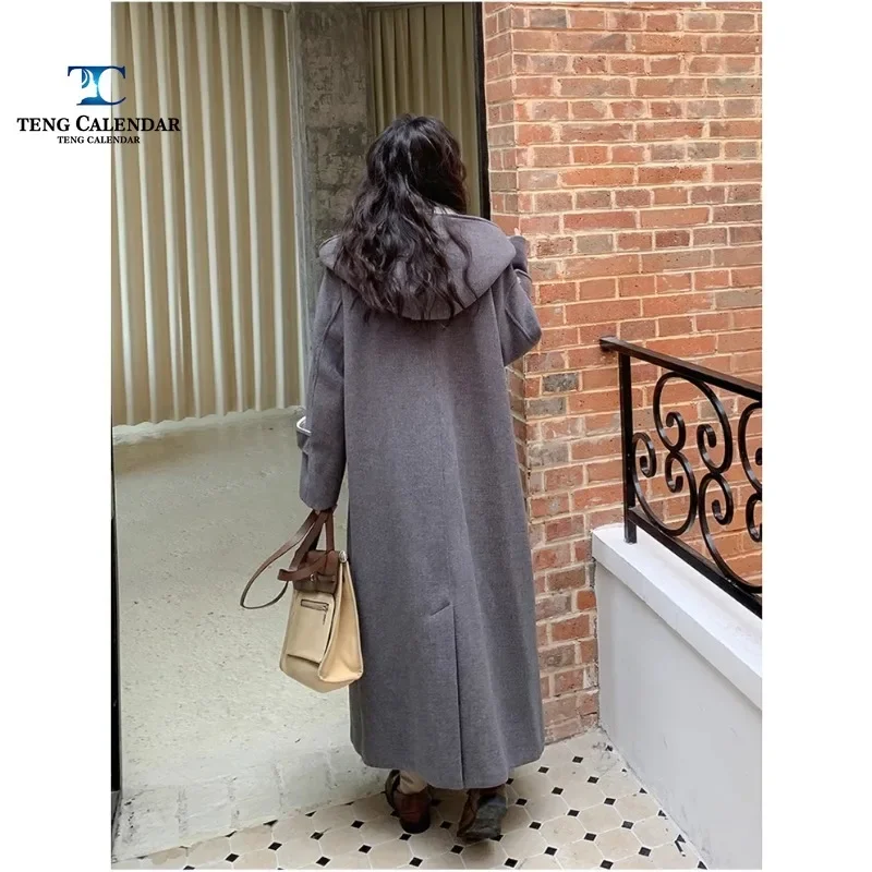 Grey Women's Woolen Coat, Extra Long Korean Style Age Reducing Winter Thick University Style Hooded Jacket, 2024 New Model