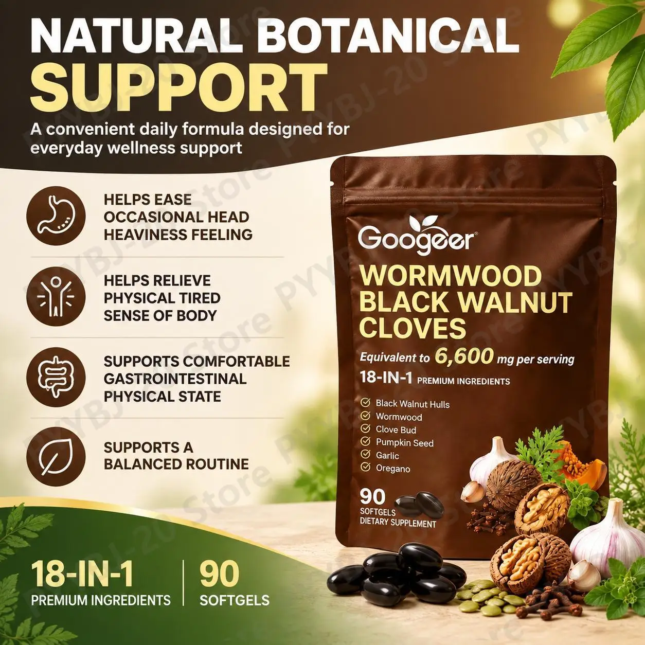 Googeer Wormwood Black Walnut Cloves Softgels with Clove Bud and Garlic for Tired Feeling and Gastro Comfort 90 Softgels