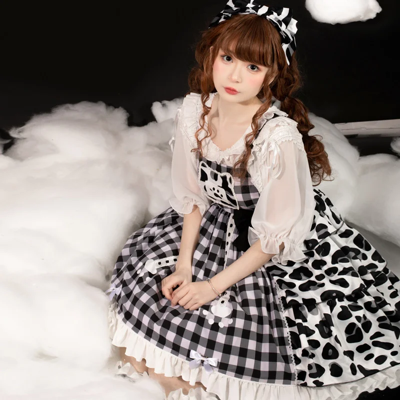 

Cat Claw Planet Lolita Dress Lovely Suspender Jsk Skirt Cow Splicing Lolita Princess Skirt Goth Dresses Women Lolita