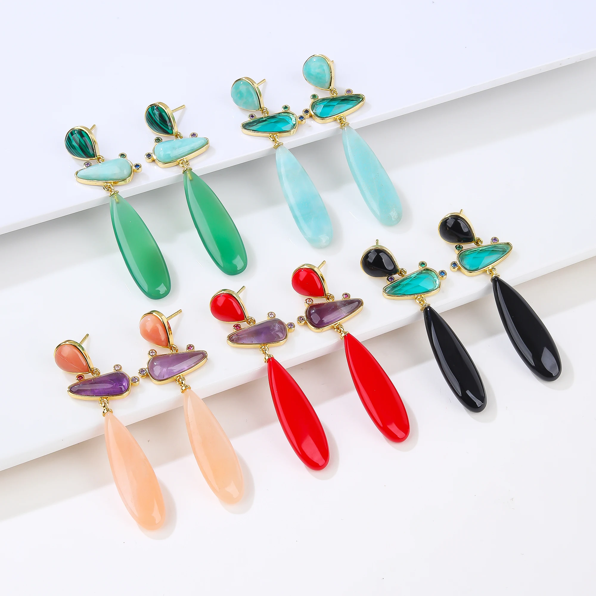 Exquisite and Luxurious 3 Mark Real Gold Plating Natural Gemstone Pendant Drop Earrings with Long-Lasting Color