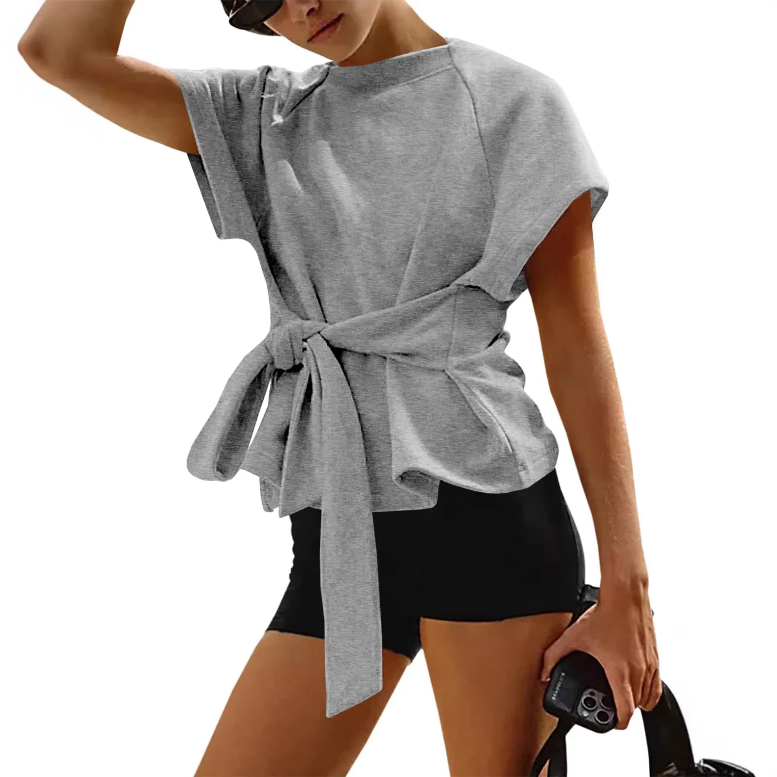 Women's Tie Waist Short Sleeve T‑Shirt Stand Collar Raglan Sleeve Loose Fit Soft Versatile Trendy Casual Commute Daily Wear Top