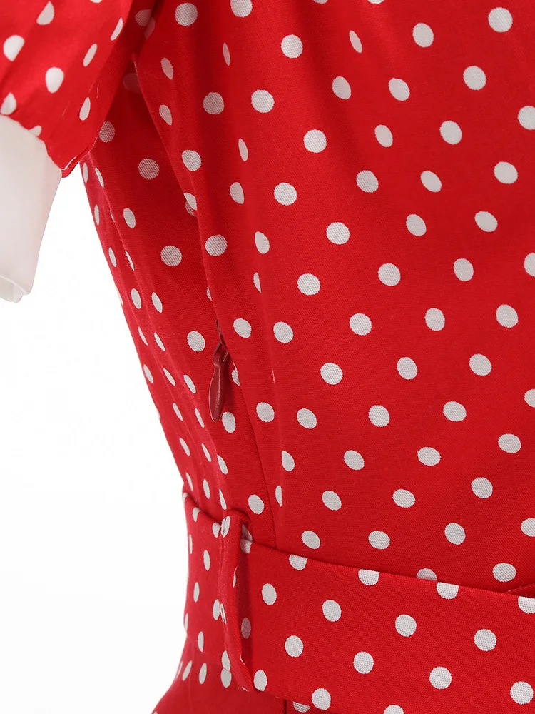Tonval Retro-Kleider für Damen, 2025, Umlegekragen, Knöpfe vorne, Gürtel, gepunktet, Baumwolle, Rockabilly-Flare-Midikleid – Detail 18