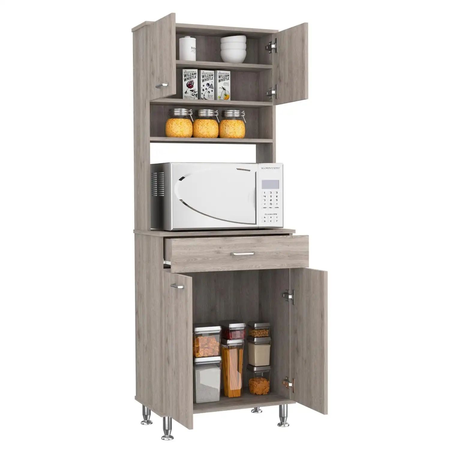 Della 60 Kitchen Pantry with Countertop, Closed & Open Storage Light Gray