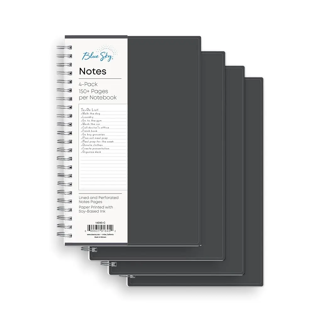 

Профессиональный блокнот Blue Sky Notes, 5,5 x 8,5 дюймов, 4 штуки в упаковке, серый, гибкая обложка, прочная двойная проволочная переплетка, 150+ линий.