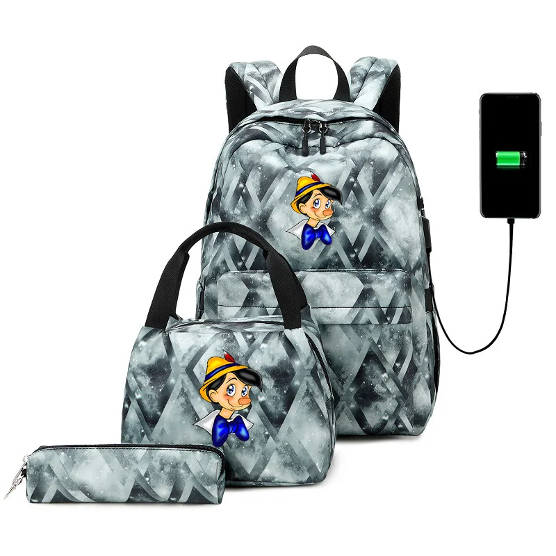 

3pcs Pinocchio Backpack Unisex College School Bag USB Charging Bookbag Mochila Men Women Travel Casual Backpack Sets