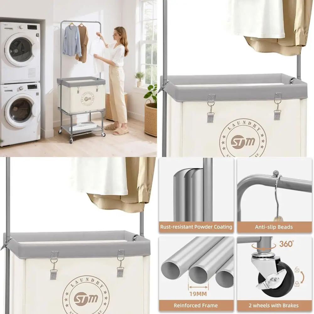 

Large 110L Laundry Cart with Hanging Bar, Storage Shelf, and Lockable Wheels - Beige