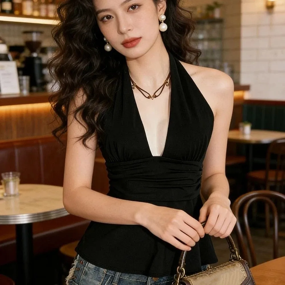 Ins Style Sleeveless Women Crop Top Deep V Neck Y2k Lace-up Dots Camisole Pleated Beach Wear Hanging Neck Top Girl