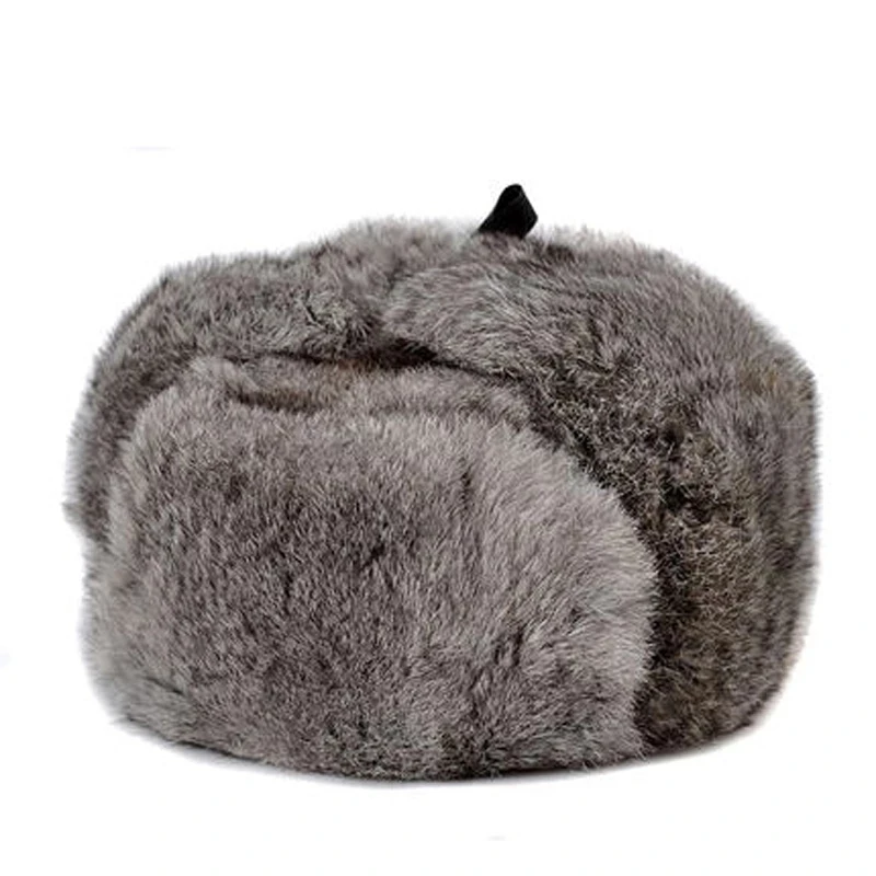 Rabbit Fur Cap Man Winter Genuine 100% Fur Bomber Hat Windproof Warm Earmuffs Male Flat Grey/Black Russian Hat Fitted Casquette