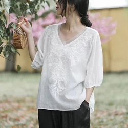 Summer New Literary Vintage Embroidery Cotton Linen Shirt Ladies Half Sleeve Loose Casual Fashion Blouse Women's Clothing Tops