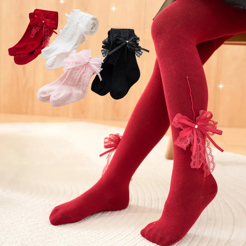 Children Kids Girl Stockings Rhinestone Double Bow Lolita Princess Dance Ballet Tights High Waist Footed Pantyhose Baby Items