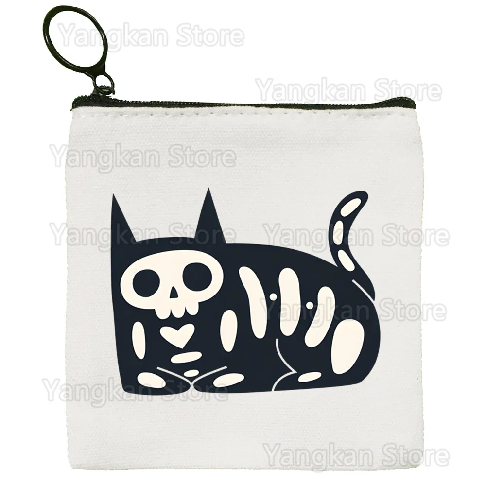 Black Cat Diagram Skeleton Canvas Coin Purse Custom Logo Storage Pouch Canvas Bag  New Coin Bag Key Coin Purse