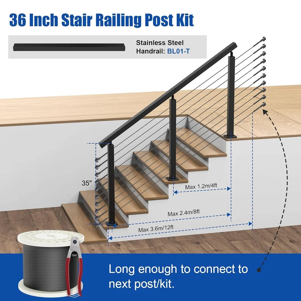 Complete 36" Stair Railing Post Kit T304 Stainless Steel Cable Railing System DIY Outdoor Indoor Installation Waterproof Durable