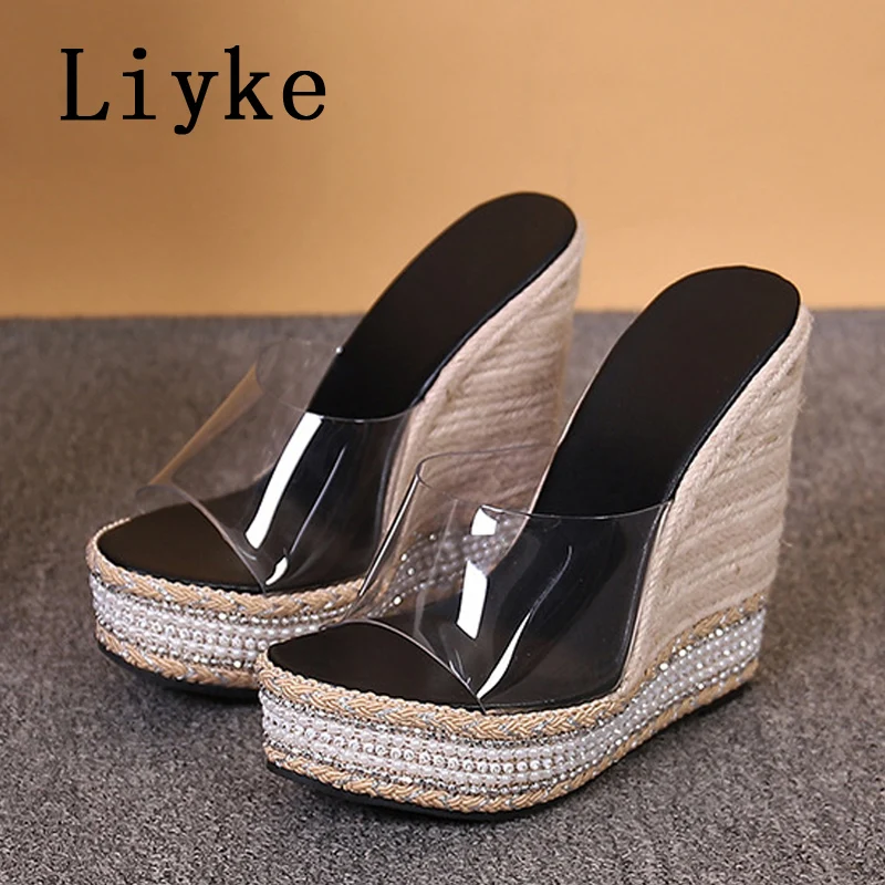 Liyke Summer Wedges Slippers For Women Fashion Open Toe Platform High Heels Slides Shoes PVC Transparent Sandals Zapatos Mujer