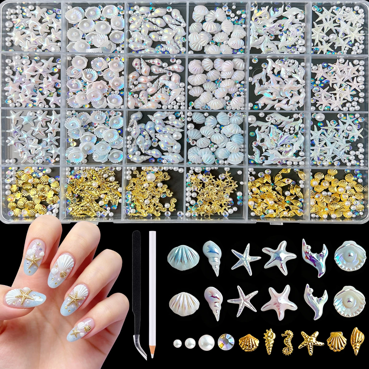 

1Box Gradient Colored Shell Fishtail Resin Nail Charms 3D Mini Seahorse Star Thin Flakes Alloy Nail Art Accessories DIY Nails
