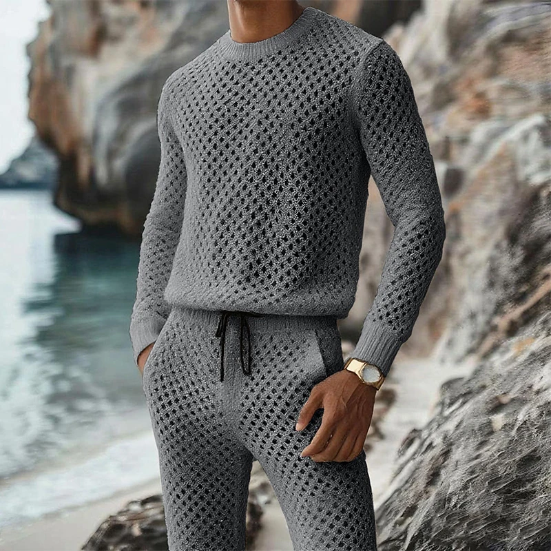 Stylish Hollow Out Two Piece Sets Mens Knitted Solid Color Long Sleeve Jumper Tops And Pants Outfits Men Spring Fall Knit Suits