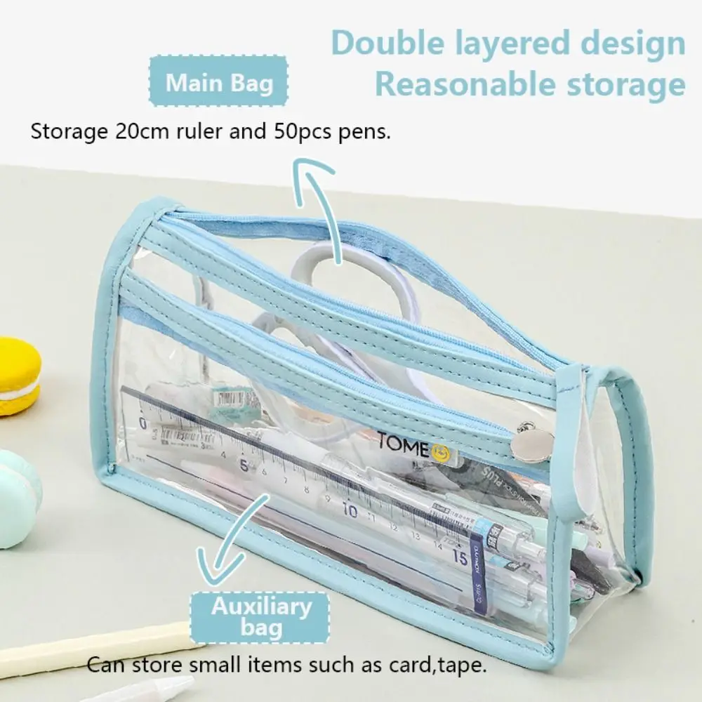 Double-Layer Large Capacity Pen Bag Student Transparent Waterproof Stationery Bag Portable Pencil Case Stationery Organizer