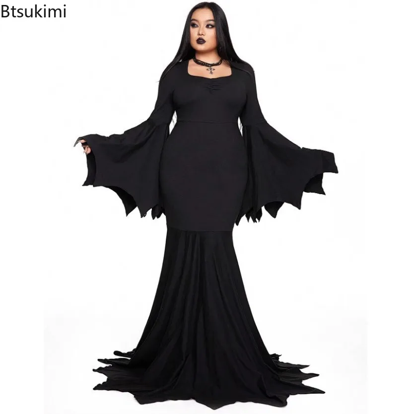 

Plus Size 1XL-5XL Women Halloween Long Sleeve Slim Fit Swing Dress Ladies Sexy Big Bat Sleeve Fishtail Dress Witch Party Dress