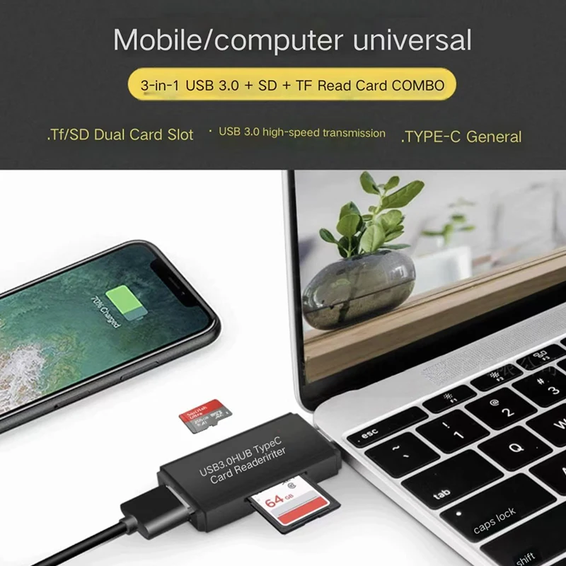 CoolFish pembaca kartu SD mikro SD, pembaca kartu kecepatan tinggi 3 dalam 1 Tipe C USB C mikro USB memori OTG untuk Laptop PC