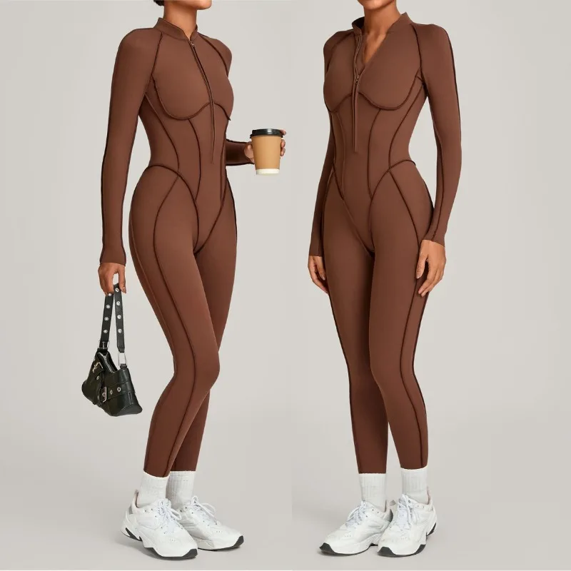 Women's Winter Yoga Jumpsuits Sports Fitness Hip-Lifting Slimming One-piece Zipper Long-Sleeved Outd