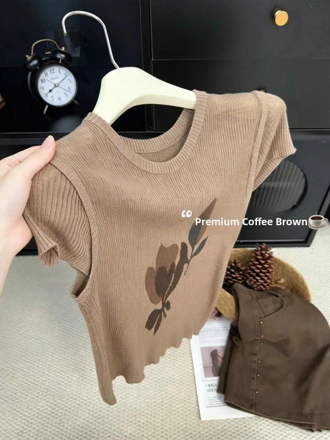 Slim Fit Short Sleeve Ice Silk Knitted T-Shirt Rose Print High End Feel Guangzhou Thirteenth Factory Commute Style Korean Ver...