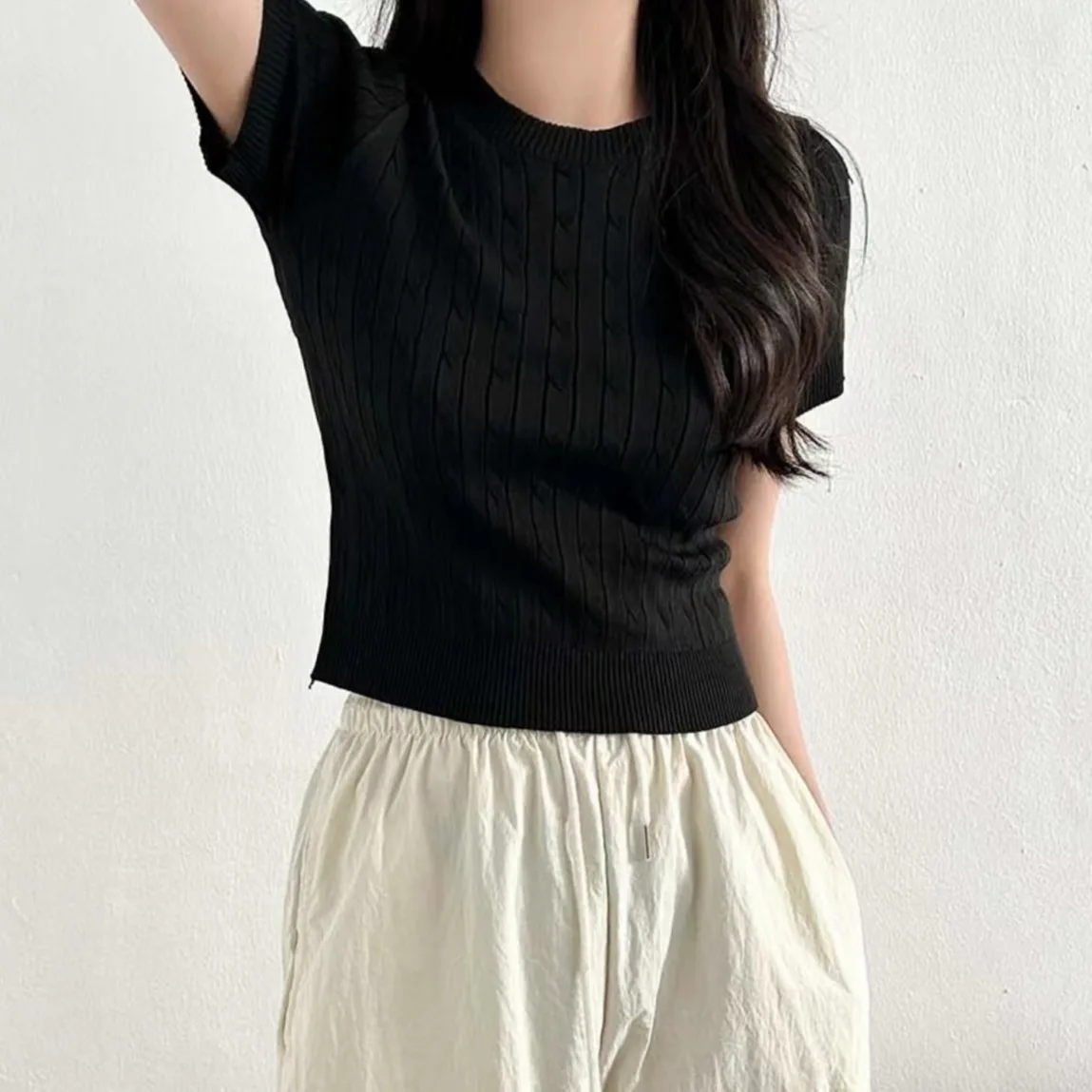 Gebreide damessweater rond Ne ort Sve Slim Fit Pure Color Design Summer Faion Inner Wear T-shirt ort Top