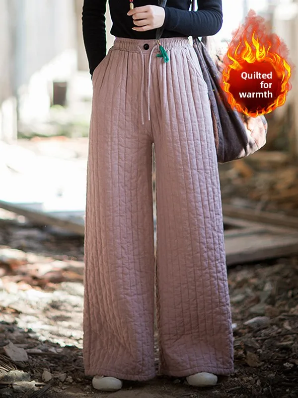 Calças de Aodão Retro Zen com Costura ssa e Pernas Largas, Tamanho ande, Calças Artísticas de Aodão Quentes para Mul...