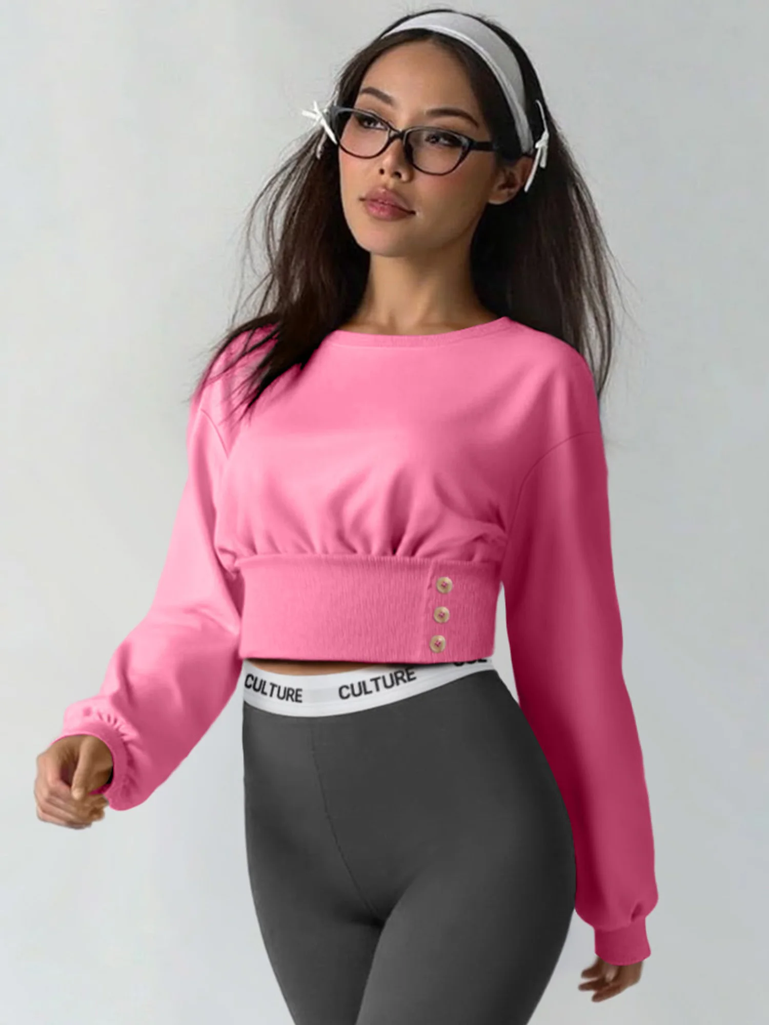 

Женский укороченный свитшот с приталенной талией, круглым вырезом, разрезом, пышными рукавами и пуговицами, теплый, в уличном стиле