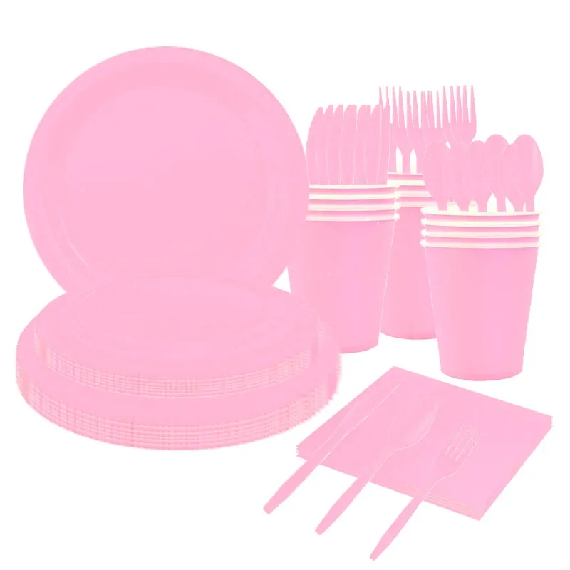 

8Guests Light Pink Disposable Tableware Solid Color Plates Cups Napkin Wedding Supplies Girls Women Happy Birthday Party Decor