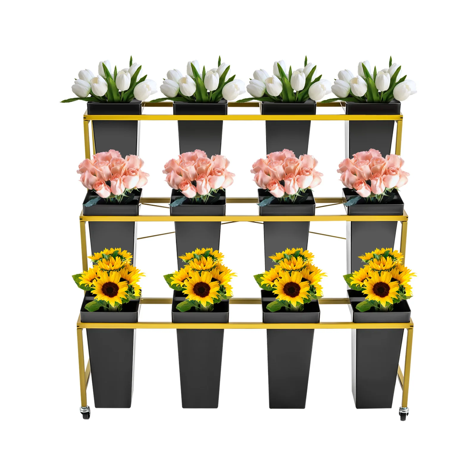 Flower Display Stand - 3 Layers Metal Plant Stand with 12Pcs Buckets, Moving Plant Cart Shelf, for Indoor Florist