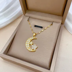 Classic Personalized Micro-embellished Star and Moon Necklace, Fashionable Stainless Steel Party Gift for Girls