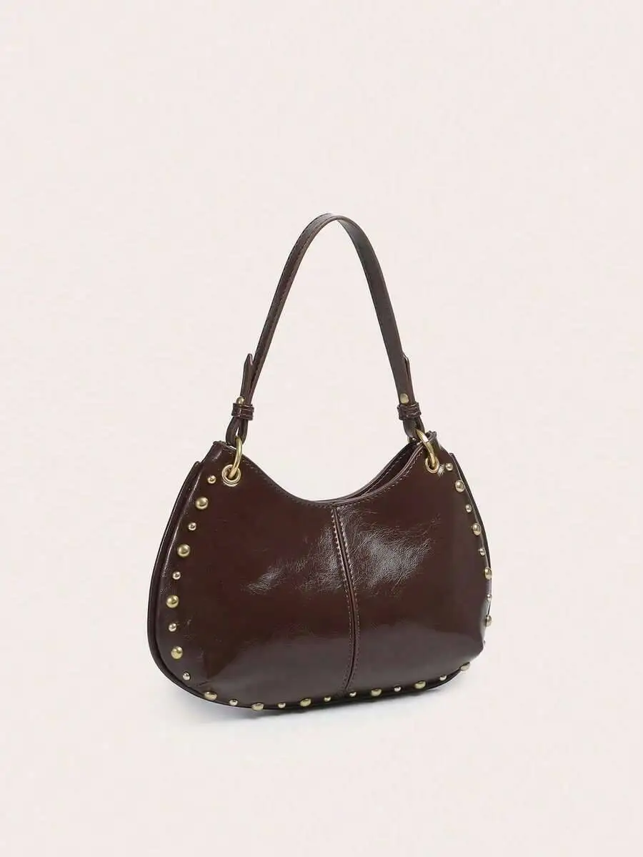 

Женская минималистичная сумка через плечо в форме полумесяца с декоративными заклепками, из искусственной кожи, в винтажном стиле панк, подходит для шопинга.