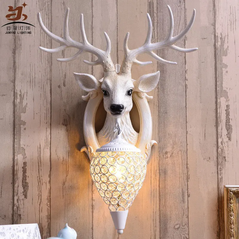 Lucky antlers deer head wall lamp American country retro style living room bedside decoration bedroom bar craft wall lamp