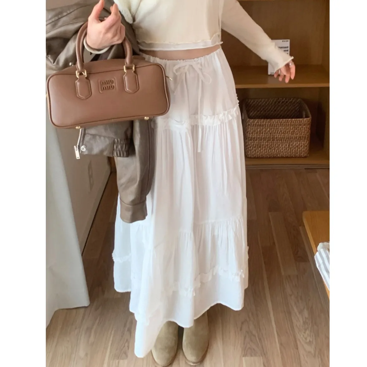

Sweet Knot Mid-Length f Skirt Elastic Long Skirt Women's Faion Spring Summer Ci Walk High Waist Polyester Fiber