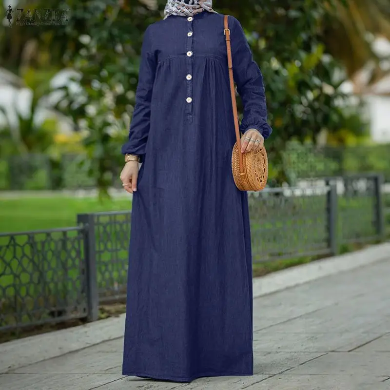 

Muslim Women's Denim-Like Maxi Dress Hijabs O-Neck Lantern Sleeve Half Buttons Loose Long Dress ZANZEA Islamic Ramadan Clothes
