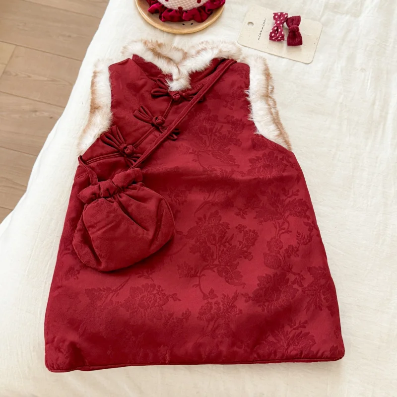 

Girls' Thickened Winter Dress Children's New Chinese Style National Style Buttoned Cheongsam Dress Baby New Year Dress