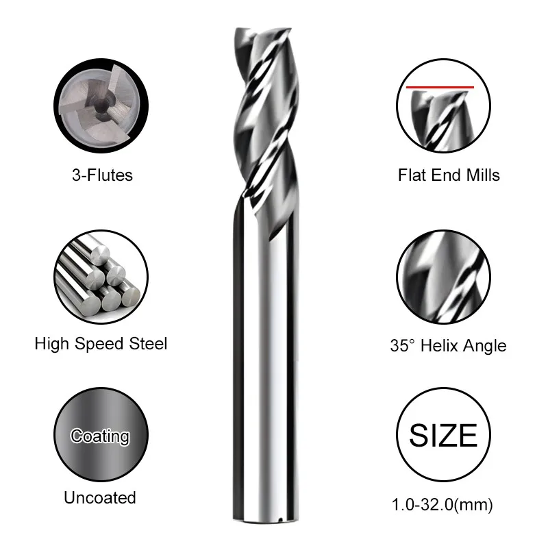 YIFINO 3-Flutes Superhard White Steel Straight Shank End Mills High-Speed Steel CNC Machine Tools Metal Special Milling Cutter