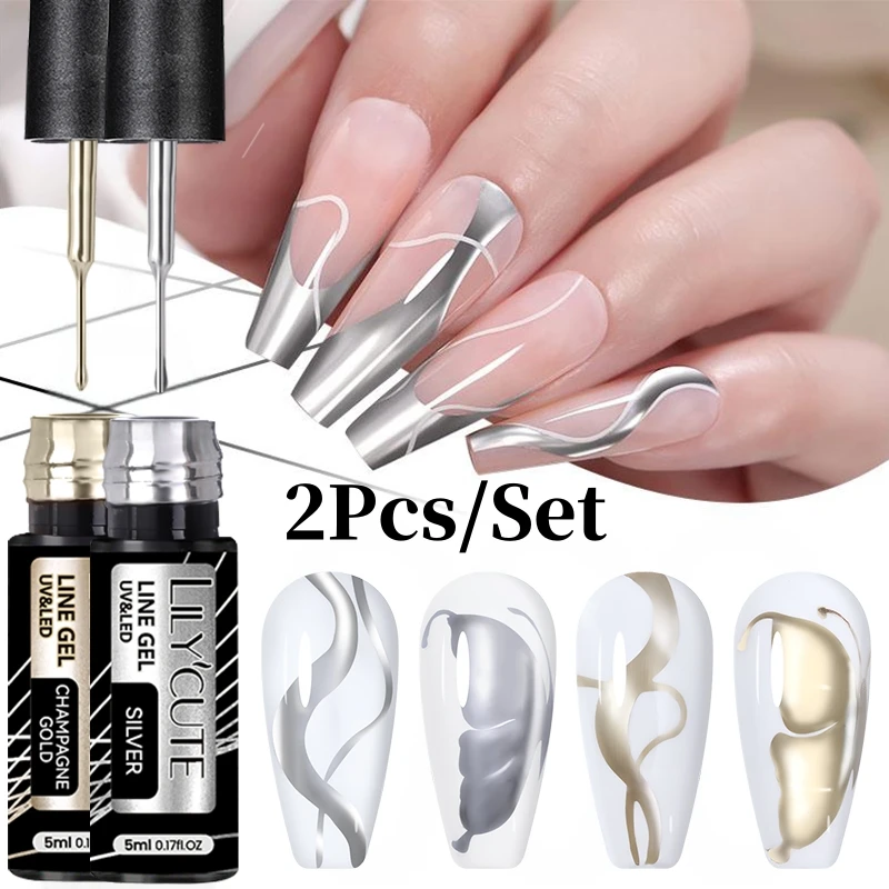 LILYCUTE 2 Stück 5 ml Line Gel Nagellack Französisch Metallic Gold Silber Superhelles Metalleffekt Design Nail Art UV LED Maniküre DIY