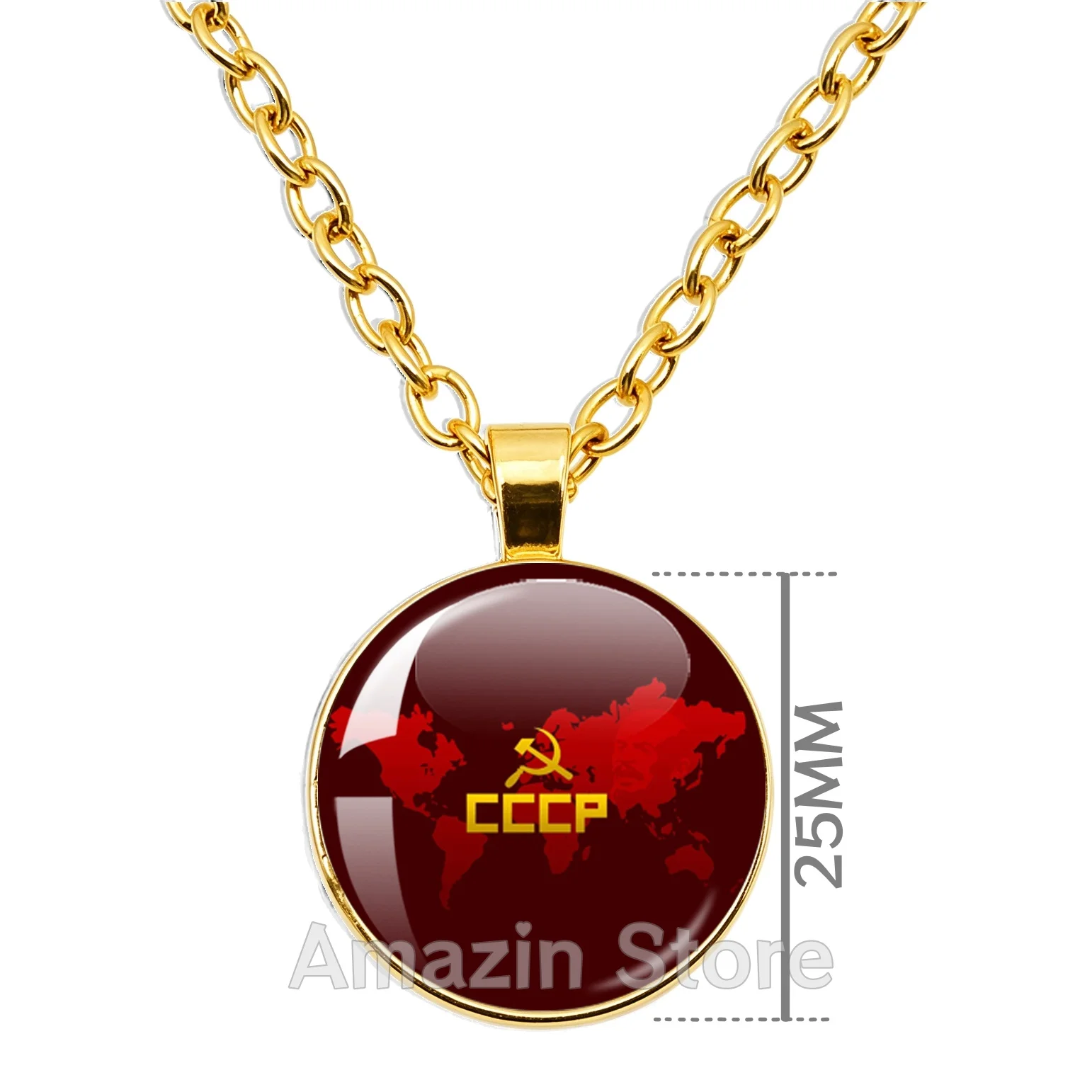 ‌25MM Round Glass Cabochon Necklace Vintage USSR Bolshevik Communism Metal Pendent Necklace CCCP Vintage Jewelry Gift