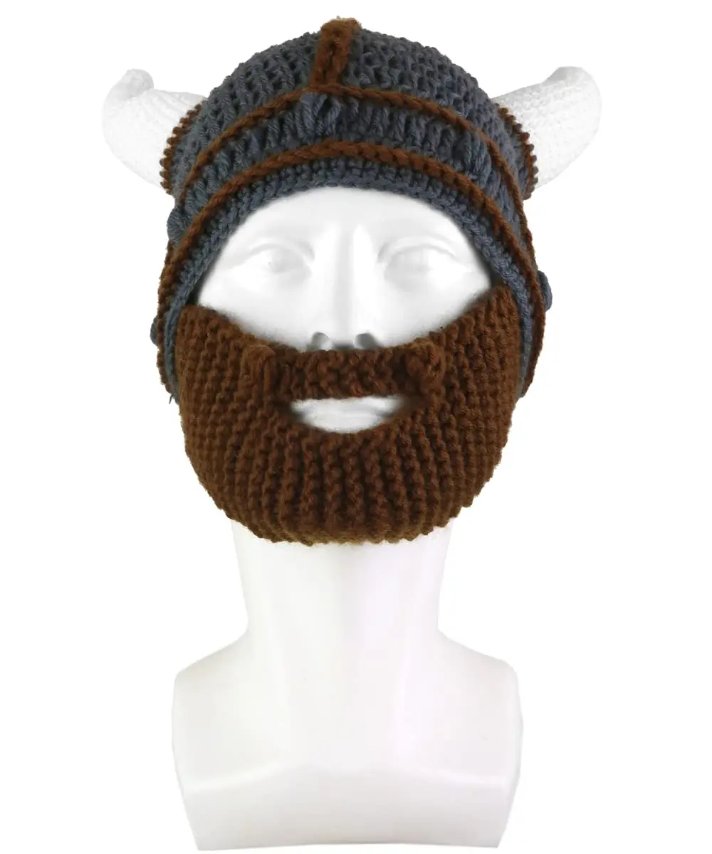 Handmade Knit Helmet and Removable Beard Barbarian Knight Knit Hat Viking Horns Beanie Funny Caps