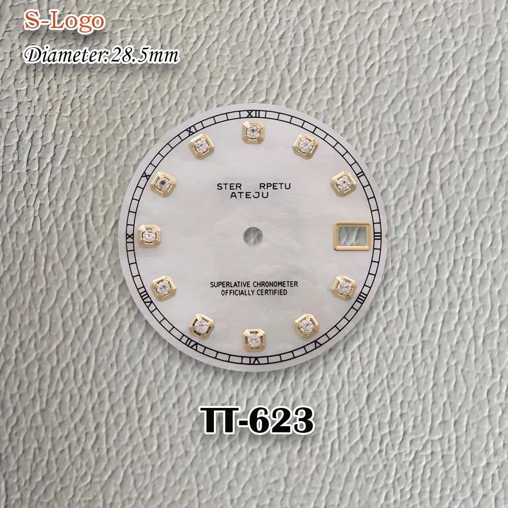 New 28.5mm S Logo Diamond pearl shell NH35 Dial Golden Index Dial Fit NH36 Movement No Luminous Watch Modification Accessories