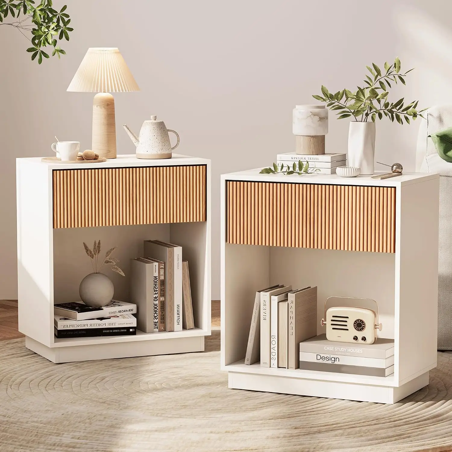 Fluted Nightstands Set Of 2 Modern Bedside Table With Drawer And Storage Shelf Wood End Table Mid Century Night Stands For Bedroom Living Room Sofa Couch Office White Oak