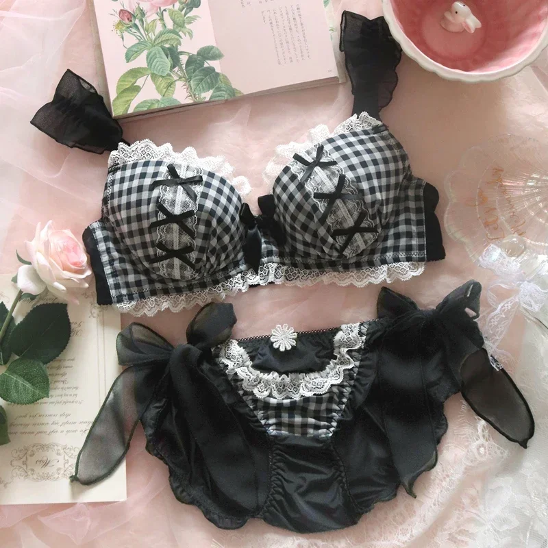 

Sexy Black Plaid Lingerie Set with Push Up Bra & Steel Ring, Soft Underwear for Women