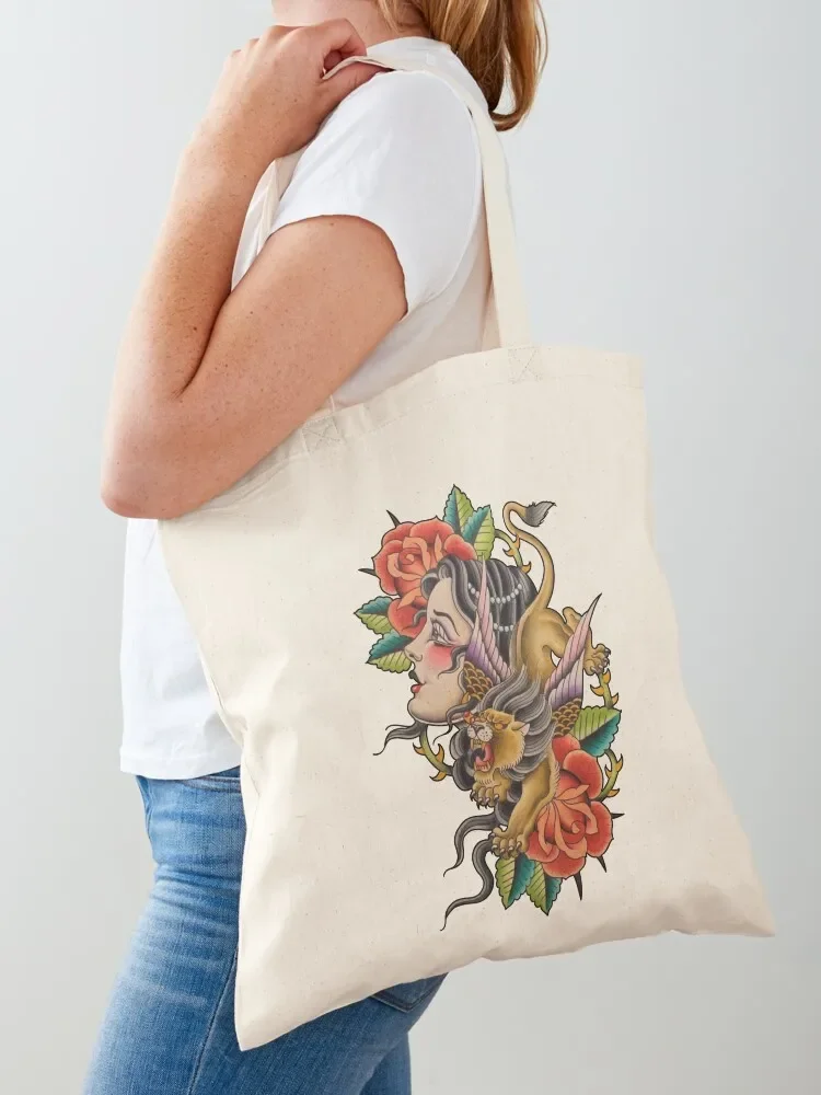 Traditional Lady Head Tattoo Flash Tote Bag tote screen large woman