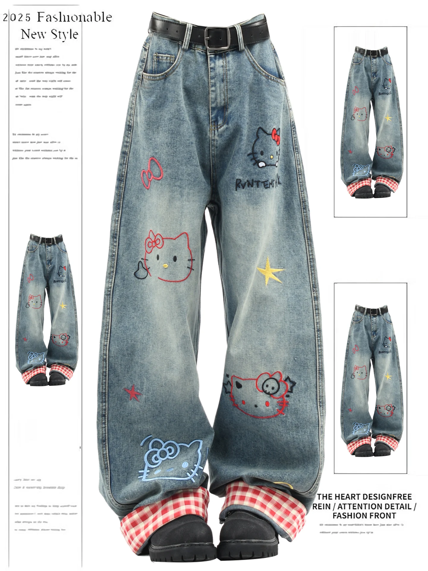 

Джинсы Waed женские свободные прямые брюки с высокой талией, осенние, с вышивкой и мультяшным дизайном