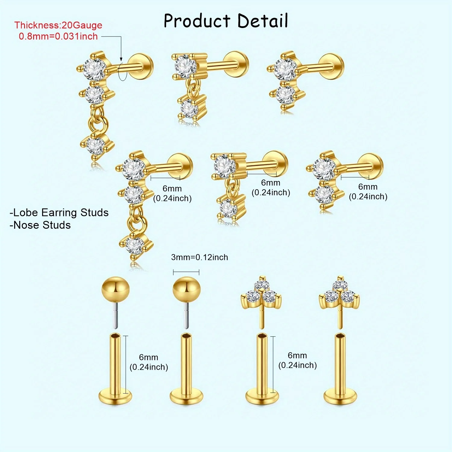 1Pair Push in Earring Studs, 20G Flat Back Earrings, Threadless Studs Multi Styles, 304 Stainless Steel Earring Studs Nose Studs