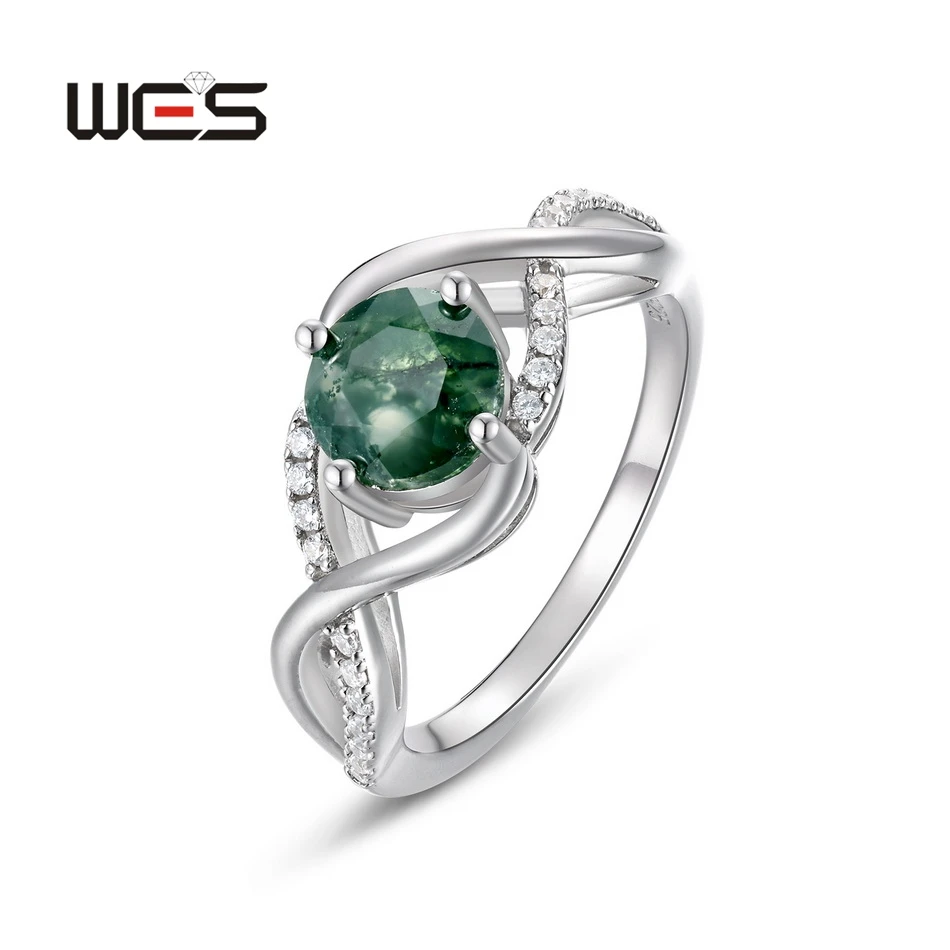 

WES 925 Sterling Silver Spiral Finger Rings for Women Natural Moss Agate Certified Jewelry Luxury Gifts Wholesale Wedding Band
