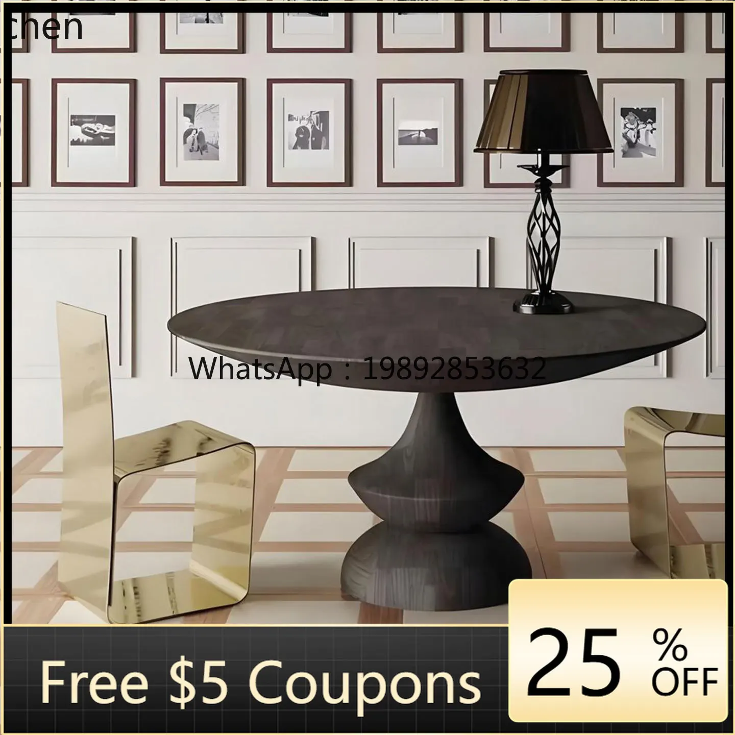 

W1 black solid wood dining table creative B & B restaurant carved round dining table