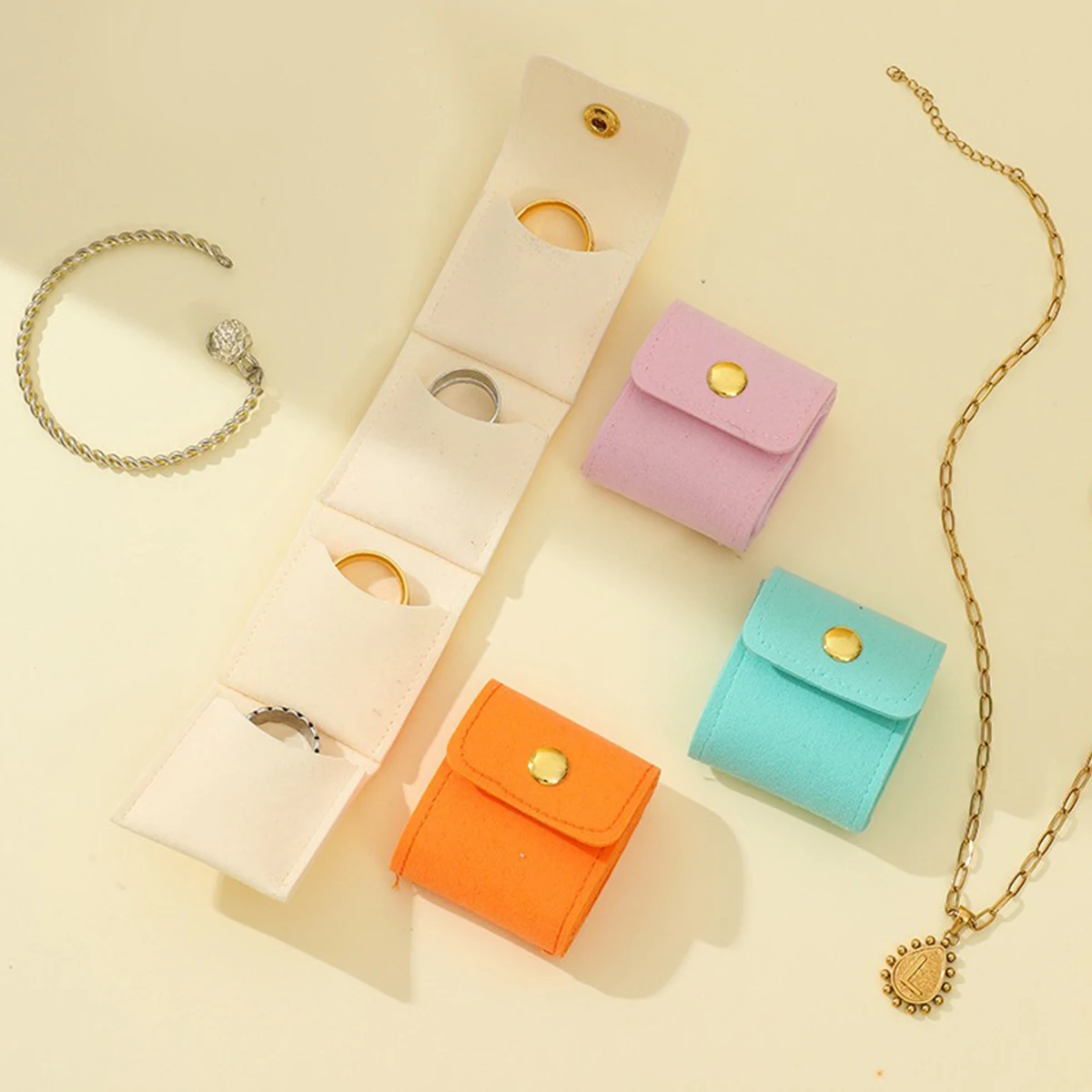 

10Pc Ultra-Suede Leather Foldable Jewelry Storage Bags Multi-Pocket Portable, Button Closure, Scratch-Resistant Organizer Pouche