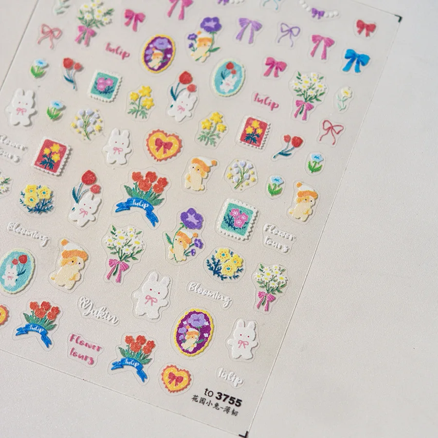 かわいいウサギの子犬チェリーイチゴニンジンキノコチューリップの花ラブハートレインボースター 5D ネイルアートステッカーマニキュアデカール